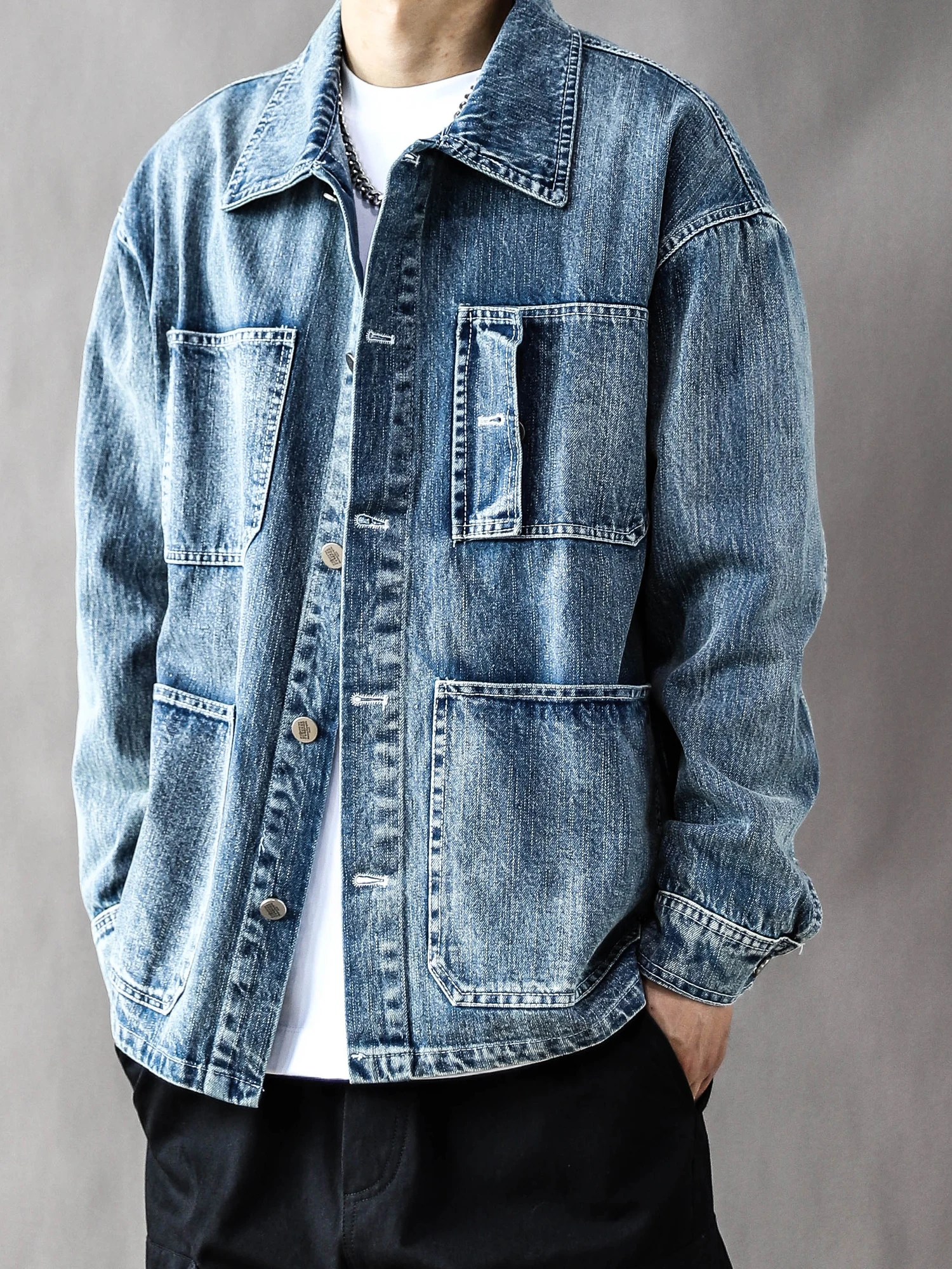 

Retro Denim Work Jaet Men's Spring Autumn Loose Casual Blue High Street Sle Cotton Blend Long Sve Classic Collar Coat