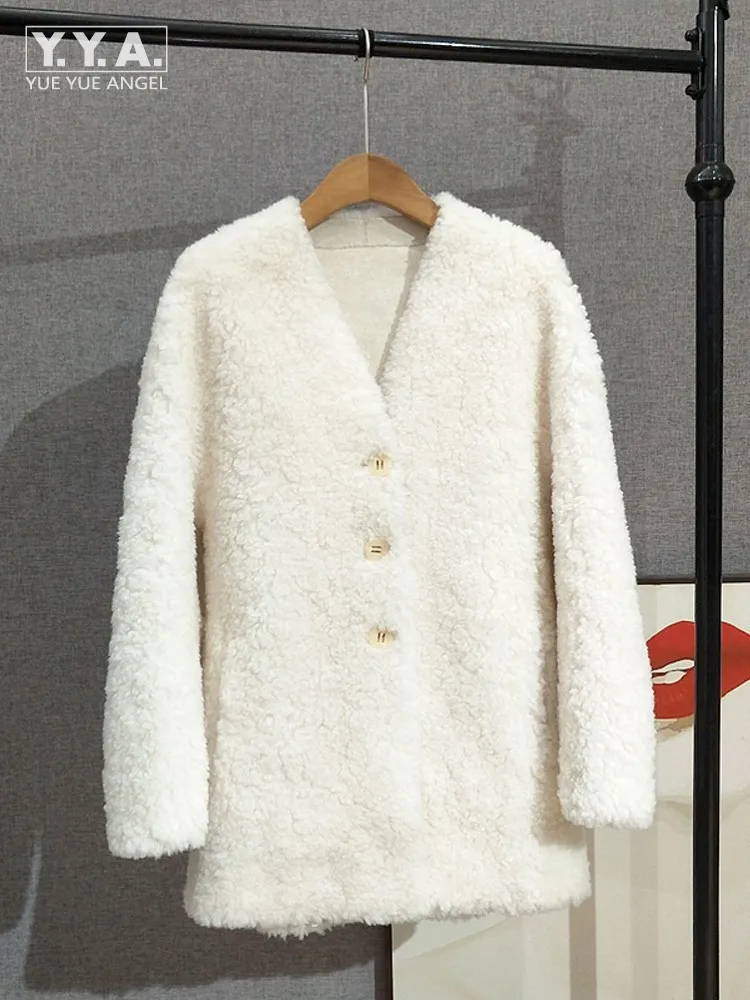 الشتاء سيدة تنوعا فضفاض معطف الصوف الحقيقي الخامس الرقبة القرن زر عادية كم طويل ملابس خارجية الأغنام القص المرأة الدفء سترة #1
