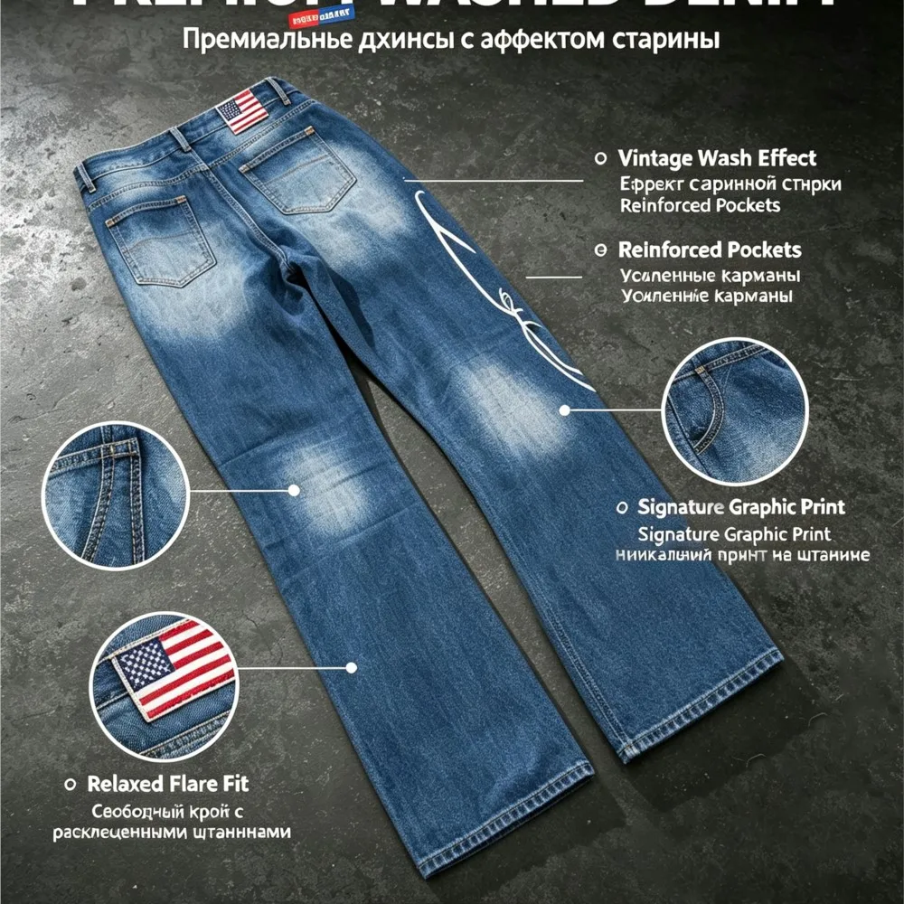 Dżinsy vintage z nadrukiem dla kobiet, proste spodnie, spodnie Y2k, odzież damska, moda uliczna, modne, uniwersalne, codzienne, rocznik 2026.