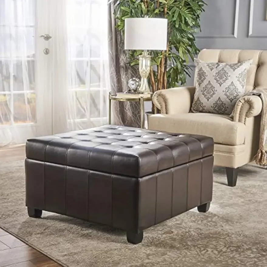 Alexandria Bonded Leather Storage Ottoman, Marbled Brown , 31” x 31”x 18.6”