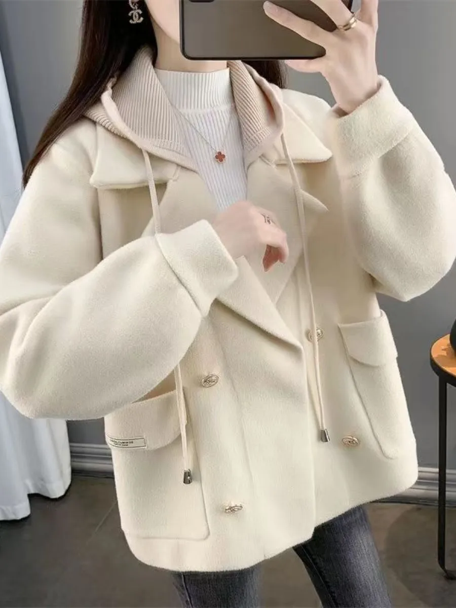 

Double-Sided Woolen Autumn Winter New Style Women's Jacket Coat with Hat Casual Versatile Fashionable Lapel Coat Soft Comfort...