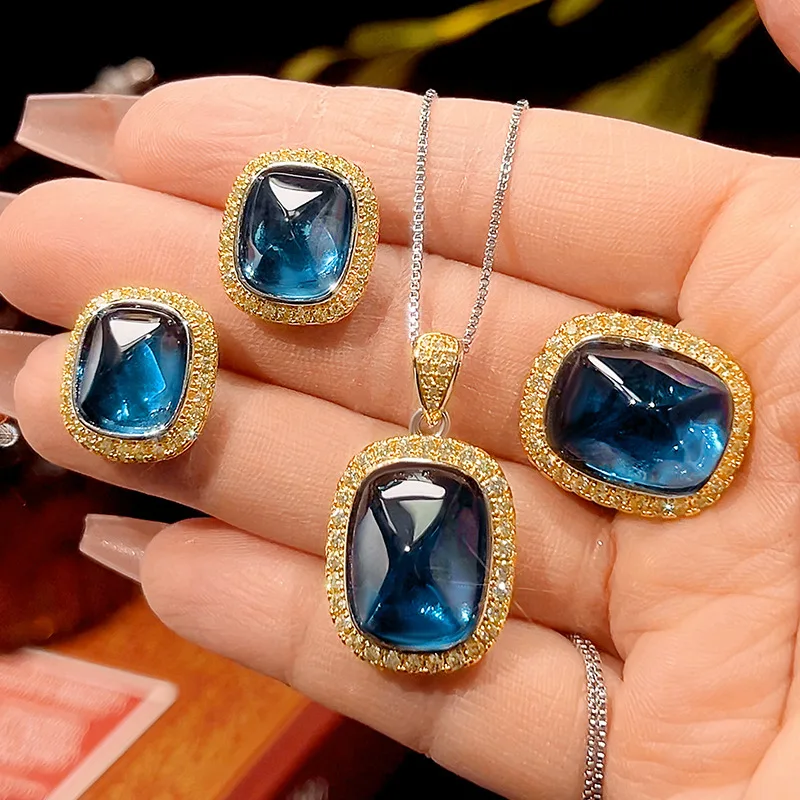 

New Autumn and Winter Jewelry Blue Spinel Sugar Tower Vintage Jewelry Set 12*16-10*12 Wholesale