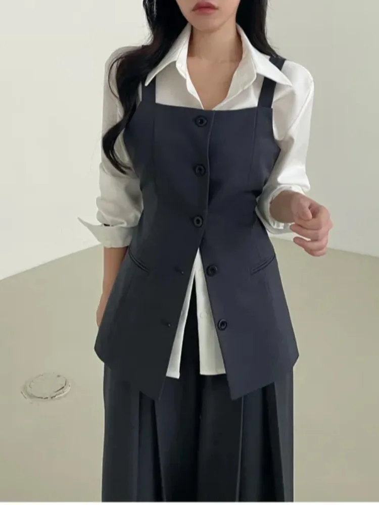 Ele Basic Long Sve irt Dames Vroege lente High Sense Taille Cinching Afslanken Svel Vest Tweedelige set