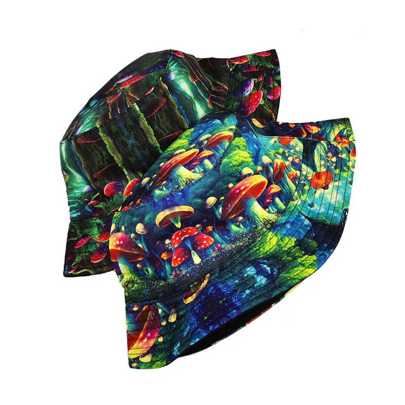 2024 Four Seasons Cotton Cartoon Mushroom Print Bucket Hat Fisherman Hat Outdoor Travel Sun Cap for Men and Women 279