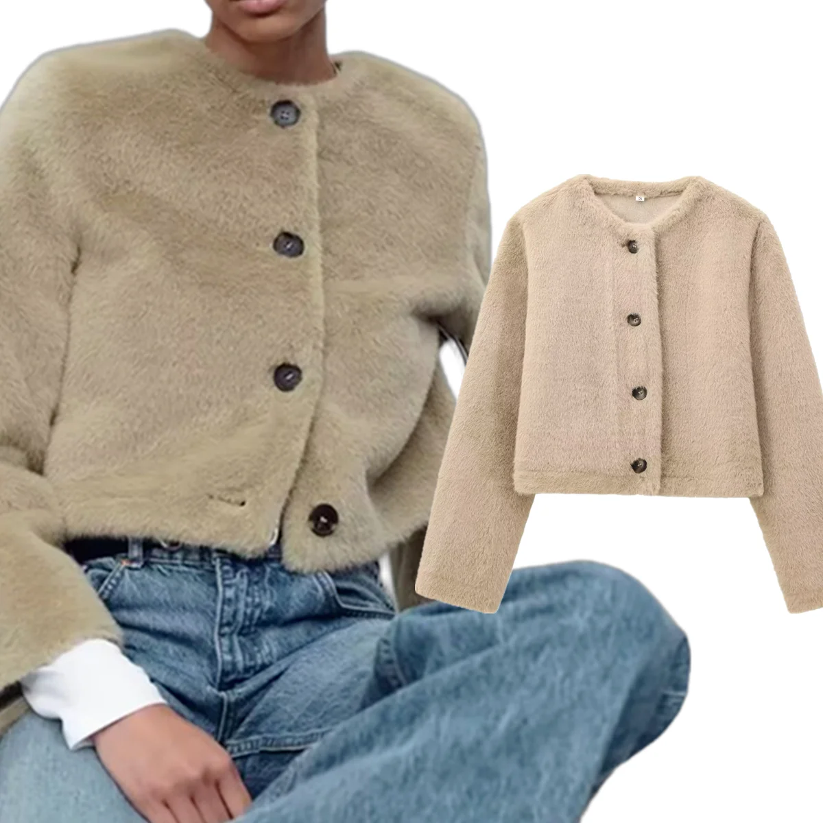 

Maxdutti French Fashion Woman CLothing Khaki Color Elegant Round Neck Single Breasted Women's Jacket Woman Clothes Tops