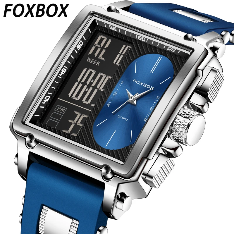 

LIGE FOXBOX Electronic Men's Watches Casual Sports Dual Time Square Quartz Man Clock Luminous Waterproof Military Wristwatch+Box