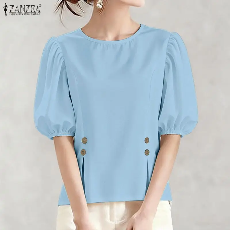 

Summer Solid Color Blouse 2026 ZANZEA Women Short Puff Sleeve Tops Elegant Stylish OL Work Shirt Slim Fit Holiday Blusas Mujer