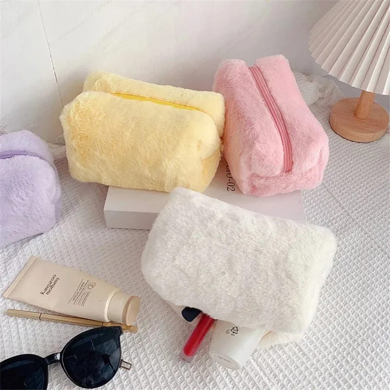 Solid Color Makeup Bags Women Soft Plush Cosmetic Make Up Brushes Storage Case Travel Toiletry Organizer Handbag Girls Gift