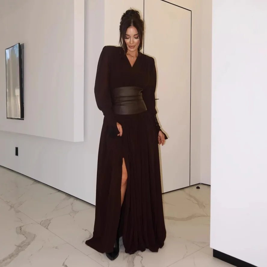 

Женская одежда, женское платье, новинка 2025 года, женское элегантное платье с длинными рукавами и v-образным вырезом, модное облегающее платье с разрезом на поясе, вечернее платье