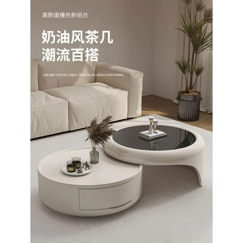Cream wind size round coffee table combination small apartment household living room modern simple telescopic tempered