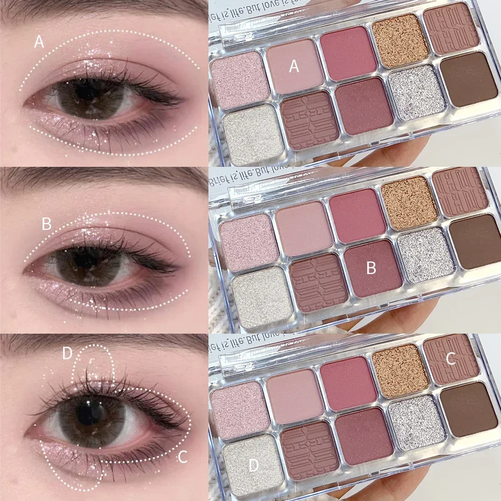 Paleta de sombra de ojos rosa brillante, 10 colores, brillo mate, resistente al agua, maquillaje de ojos encantador duradero