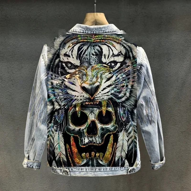 Men's Cyberpunk Denim Jacket Vintage Washed Tiger Skull Bone Harajuku Destroy Heavy Metal Streetwear Motorcycle Jeans Jacket Men