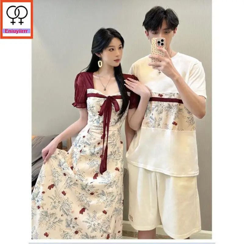 Matching Couple Clothes 2024 Holiday Honeymoon Summer Outfit Date Girls Female Male Lovers Retro Couple Long Bow Tie Shirt Dress