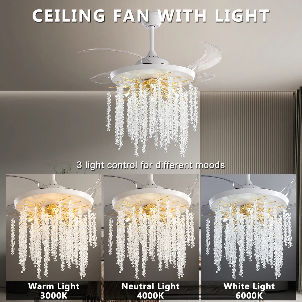 Imagem -04 - Modern Crystal Teto Fans With Lights Lustre Branco para Quarto Ventilador Led Dimmable Blateless Sala de Jantar