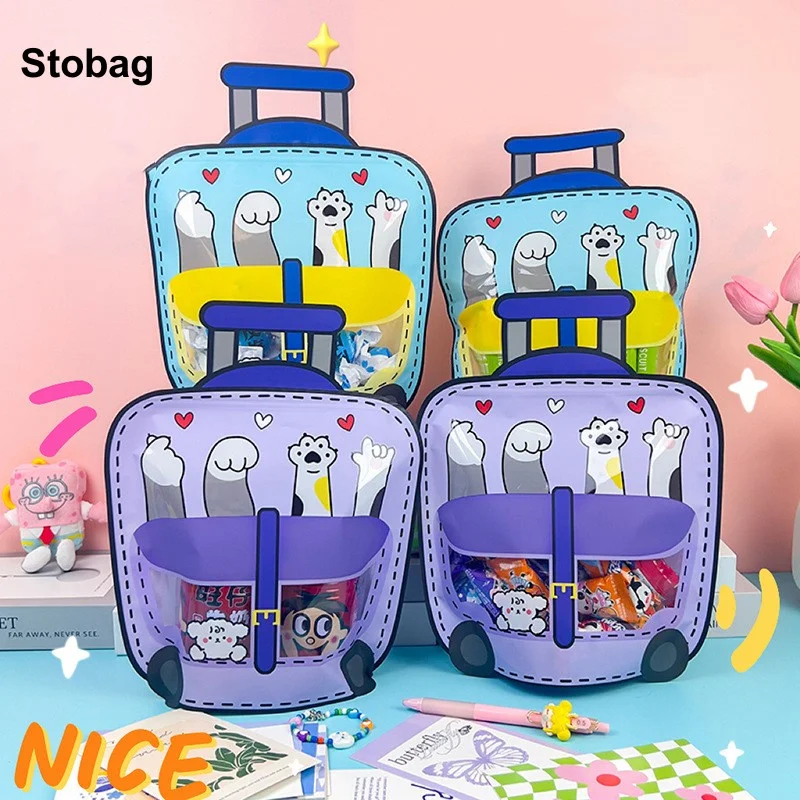 

StoBag 50pcs Cartoon Candy Snack Packaging Ziplock Bags Handle Kids Tote with Window Cute Small Plastic Sealed Food Storage