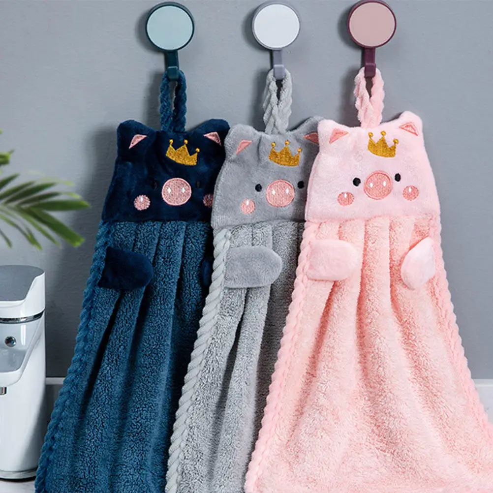 4Pcs Absorbent Hand Towels Pig Embroidery Bathroom Kitchen Hanging Rope Wipe Handkerchiefs Household Water-Absorbent Towels