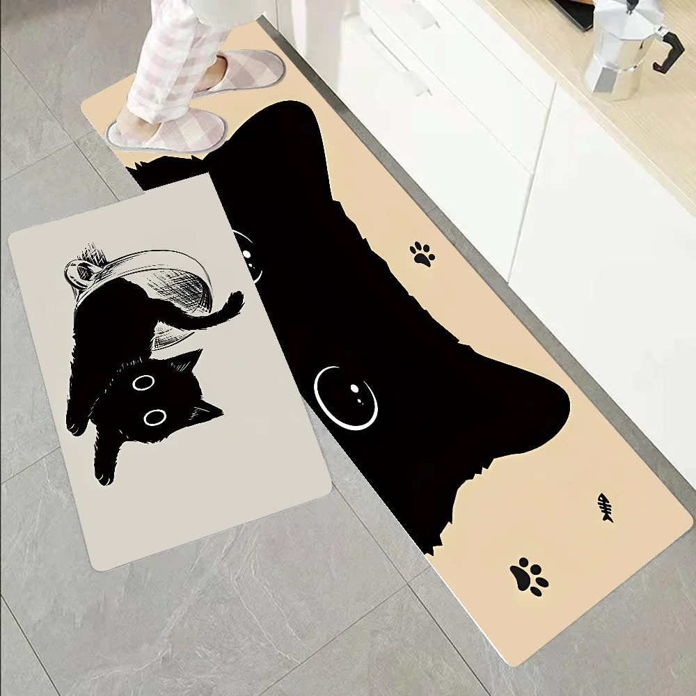 

Cute Black Cat Floor Mat Graphic Printed Flannel Doormats For Bathroom Kitchen Entrance Carpet Home Decor