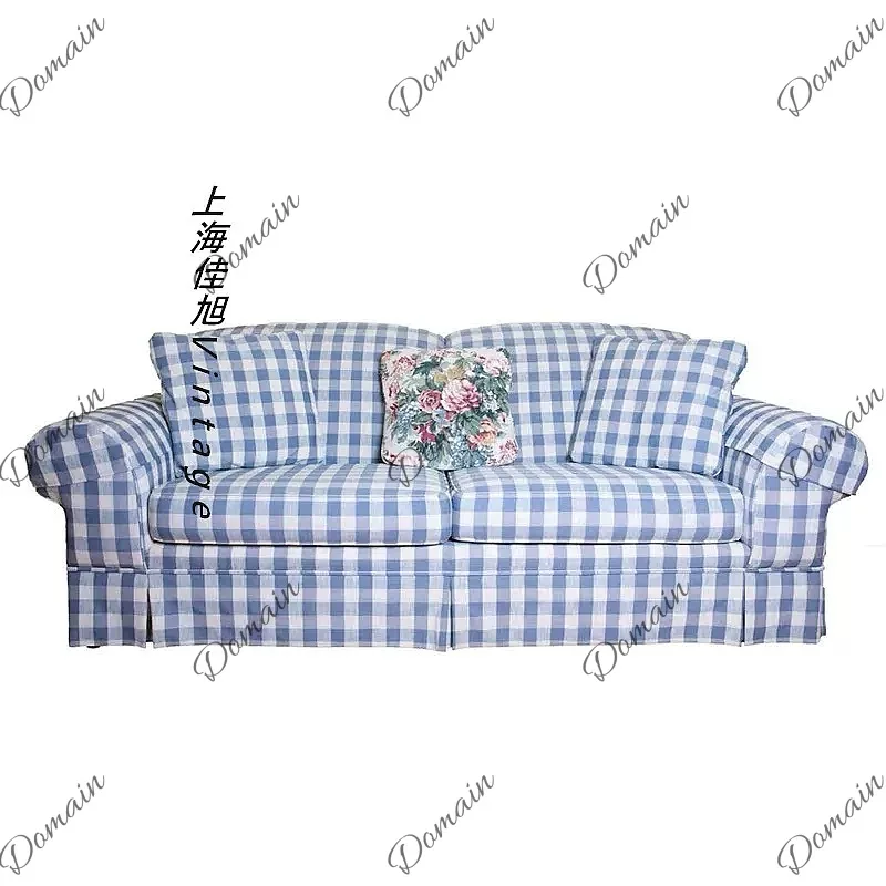 French pastoral blue and white plaid sofa fabric skirt dismantling and washing retro style B & B wabi sari