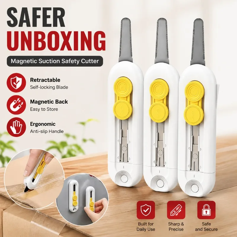 

Magnetic Suction Unpacking Knife, Retractable Self-locking Safety Cutter with Ergonomic Anti-slip Handle