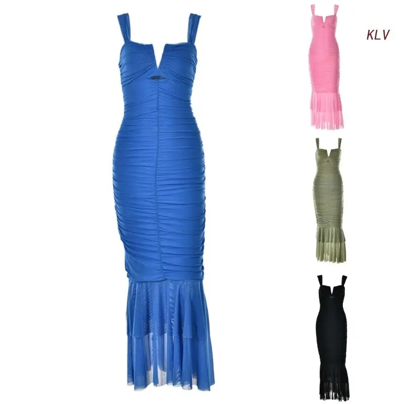Fishtail Long Dresses Bodycon Sexy Wedding Guest Evening Party Maxi-dresses Solid Color Patch Work Long Skirts for Women 6XDA