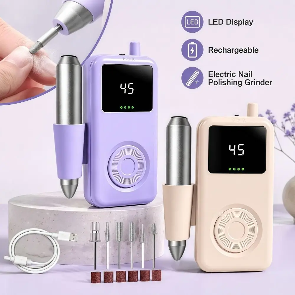 ledディスプレイ付き電動ネイルポリッシャー。6種類の研磨ヘッド、充電式、多機能、携帯可能。