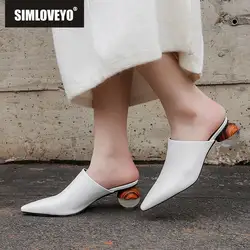 SIMLOVEYO Vrouwen Slippers Leren Schoenen Puntschoen Hakken Schapenvacht Zomer Pantoufle Merk A1678