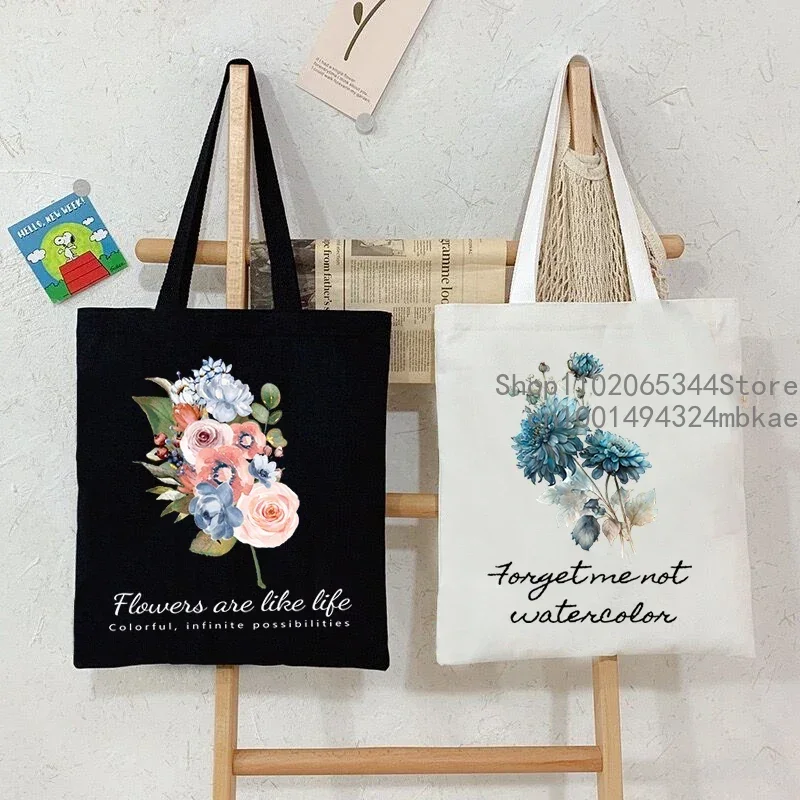 Flowers Are Like Life Canvas Tote Bag Women Shoulder Bag Vintage Wildflower “Forget Me Not” Fashion Aesthetics Shoulder Handbags