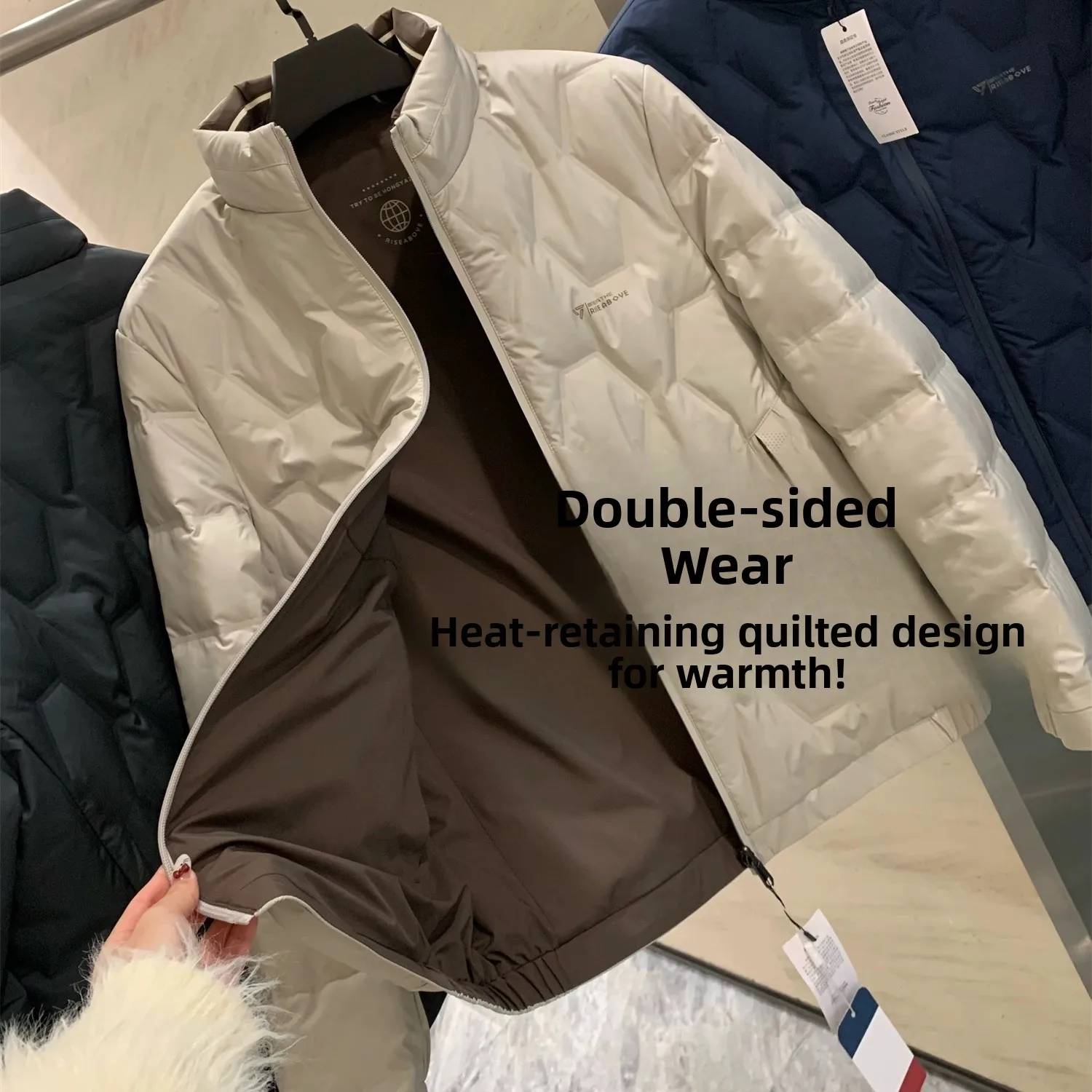 

Высококачественное 90-дюймовое пуховое пальто, двустороннее носимое воротник-стойка, теплое мужское модное осенне-зимнее стеганое пальто с застежкой-молнией