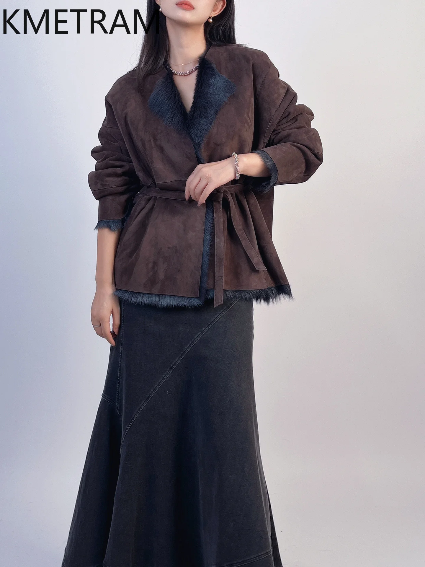 KMETRAM-abrigo de piel de cabra Natural con lana adjunta, chaqueta corta de piel auténtica de lujo, ropa de mujer, abrigos nuevos de invierno, шу onder