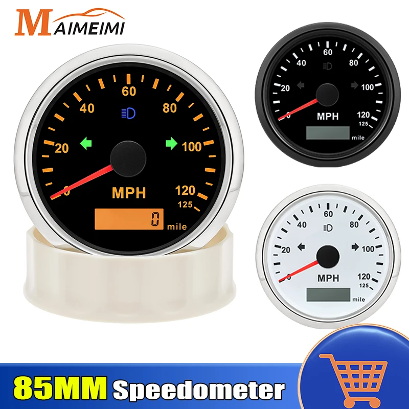 85mm Speedometer Odometer Gauge 0-125MPH Meter Universal for 12V 24V Car Boat 2 Color Backlight Red Yellow LED Gauge Customized