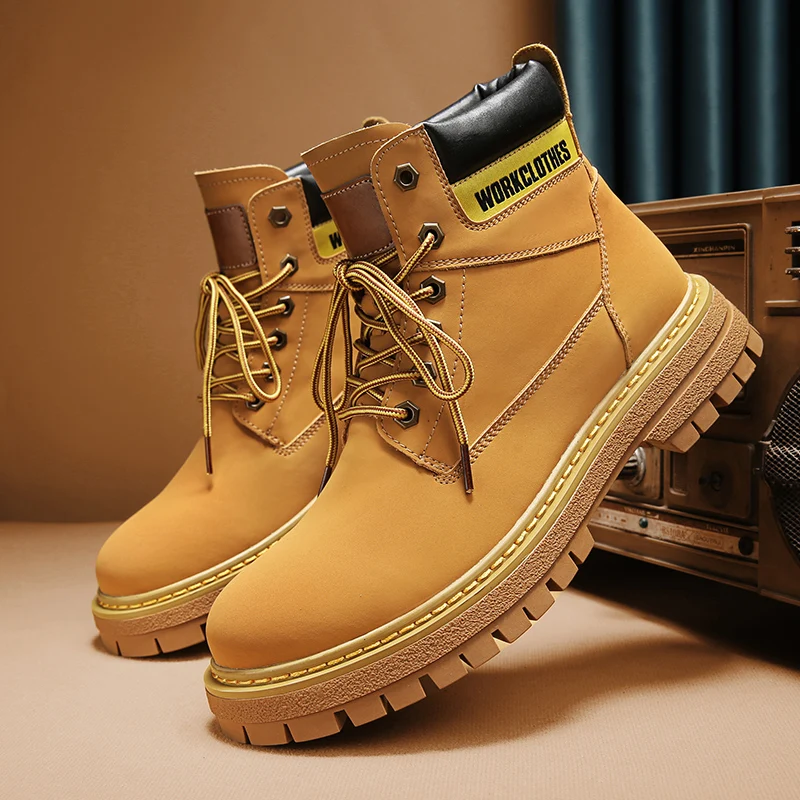 

British-Style Yellow Boots for Men, Genuine Leather Work Boots, High-Top Leather Boots, Rubber Sole Short Boots, Fleece-Lined Co