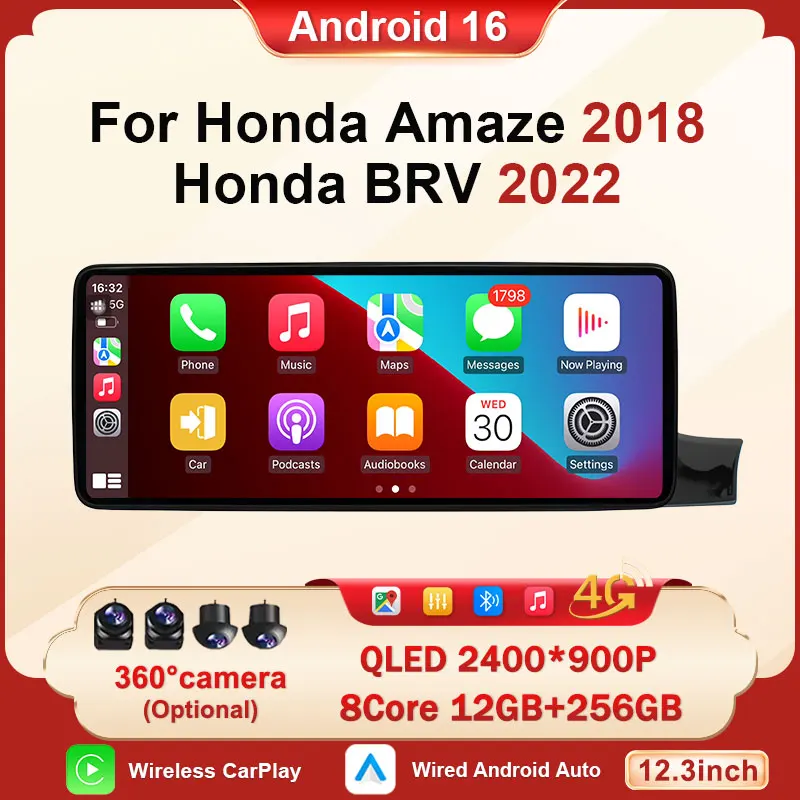 Pantalla Dividida para Honda Amaze 2018 Honda BRV 2022 RHD, Reproductor Multimedia de Video y Audio, Carplay, Pantalla Ultrafina, Android 16, GPS, Navegación
