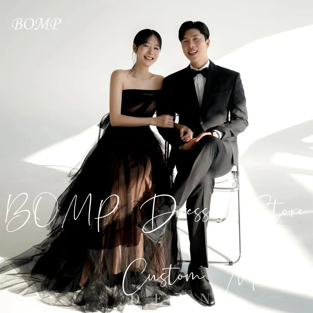 

BOMP Modern Black Wedding Dress Strapless A-Line Satin with Illusion Tulle Korea Photo Shoot Bridal Gown Customized Elegant