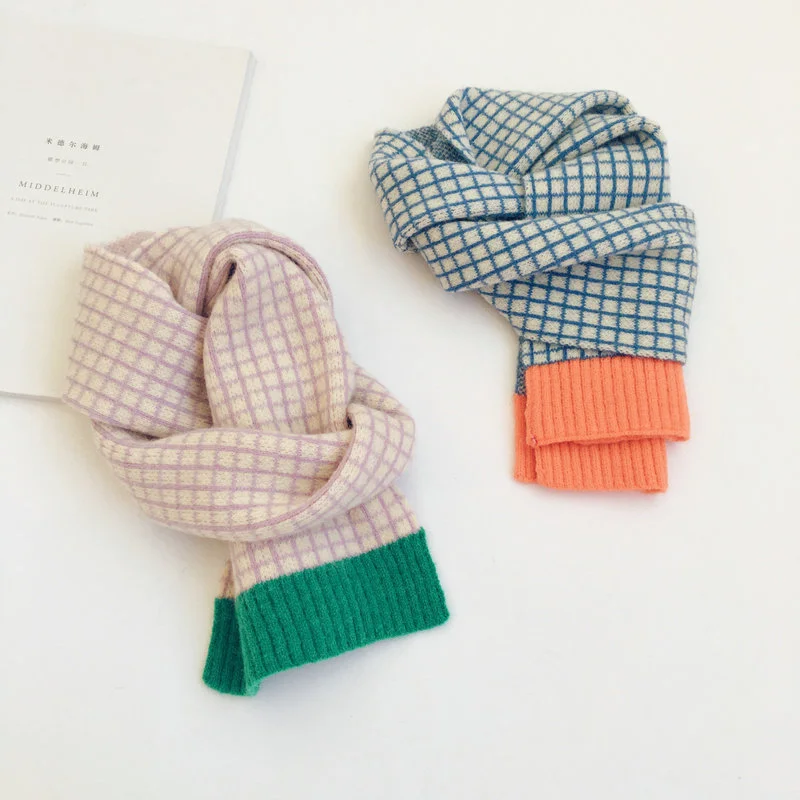 Korean Version Small Lattice Contrast Kids Woolen Scarf  Autumn Winter New Baby Girls Baby Boys Warm Scarf