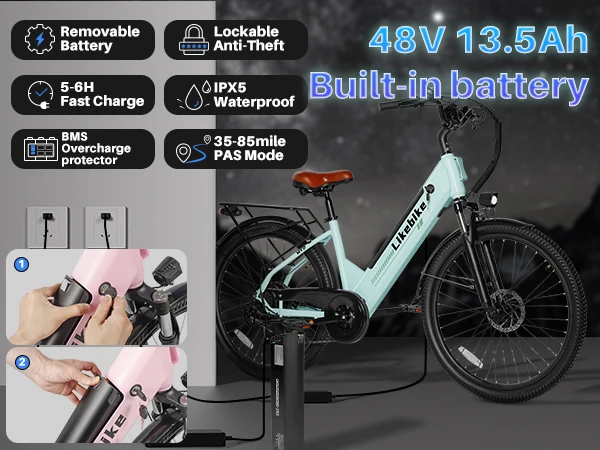 Likebike 500W Electric Bike 48V 13.5Ah Removable Battery Step-Thru Ebike 26" Tire 5 Speed Dual Disc Brake Front Suspension City Commuter E Bicycle image 8