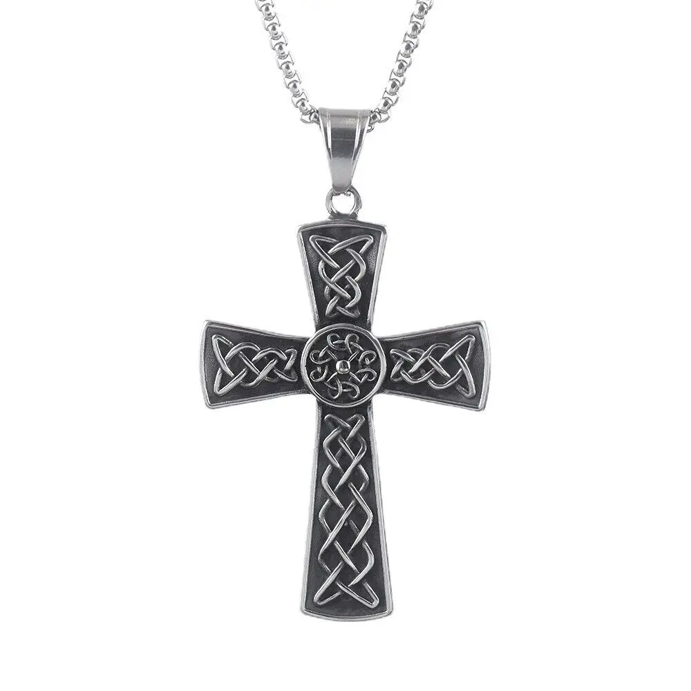 

Fashion Irish Celtic Knot Cross Pendant Stainless Steel Necklace Chain