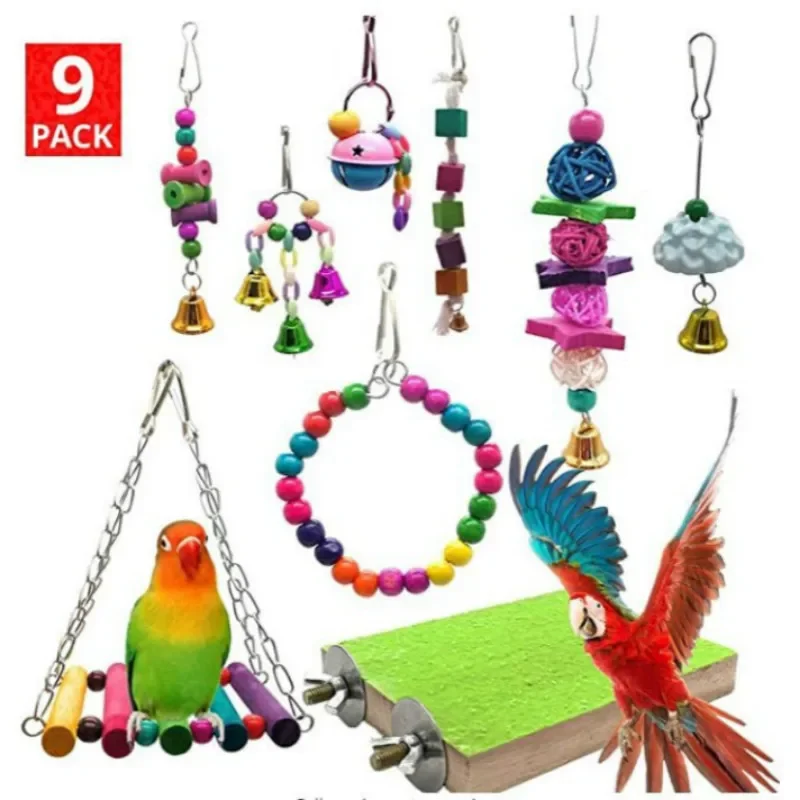 Parrot Bite Toy Pet Bird Color Swing Ring Ladder Molars Stone 9-Piece Set