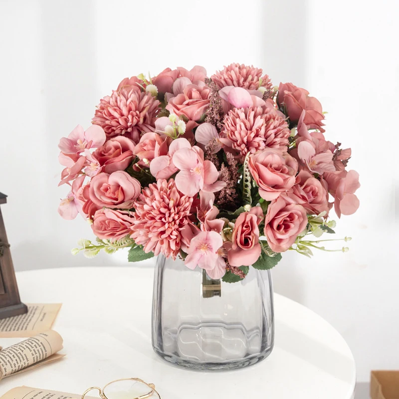 Silk Roses Hydrangea Cheaper Artificial Flowers Wedding Party Vase for Home Decoration Accessories Christmas Garland Scrapbook