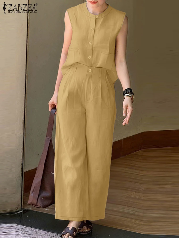 ZANZEA moda mujer conjuntos de dos piezas trajes conjuntos de pantalones de verano sin mangas botón blusa pantalones traje 2025 elegante chándal de trabajo