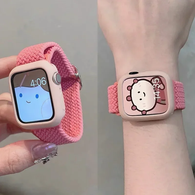 Korean Cute Braied Strap + Case For Apple Watch Band 49mm 46mm 45 44 38 42 Nylon Bracelet For iWatch Series 10 9 8 7 6 5 4 3 SE
