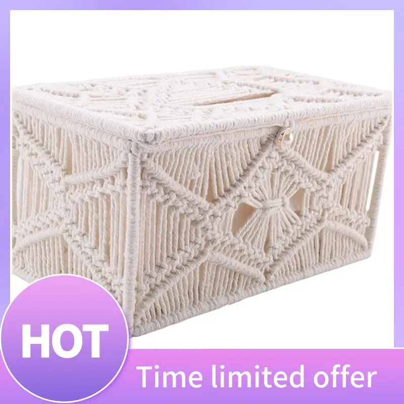 

B69C Tissue Box Cover Boho Decor Rectangular Paper Tissue Holder With Bead Buckle Macrame Napkin Tissues Organizer Home Decor