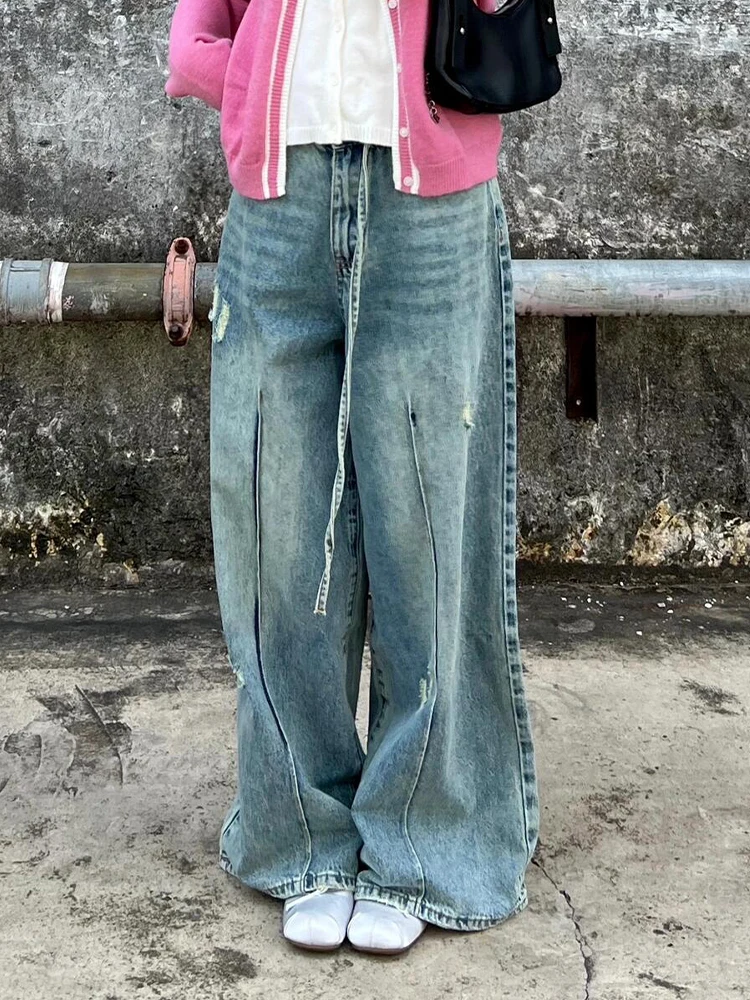 Retro American Hot Girl Washed Split Distressed Denim Pants Women Summer Loose Feeling Floor Length Trousers Natural Waist
