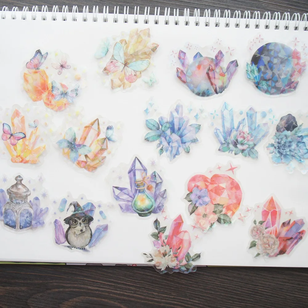 18pcs Diamond Section Design Crystal Mine with Flower Style PVC Sticker Scrapbooking DIY Gift Label Decoration Tag
