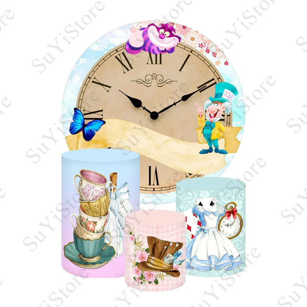 Alice In Wonderland Round Backdrop Cover For Girls Birthday Baby Shower Disney Magical Clock Circle Photo Background