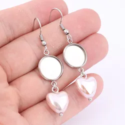 6pcs Stainless Steel Heart Pearl Earring Base Blanks Dangle Fit 10mm 12mm Cabochon Bezel Setting Trays Diy Ear Hooks Findings