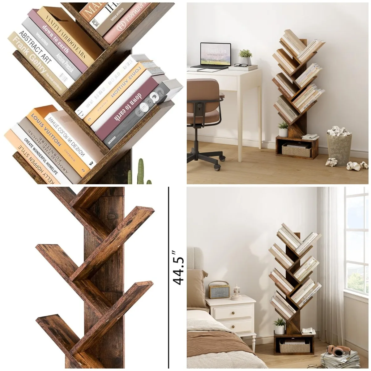 

6-Tier Tree Bookshelf, Tall Freestanding Bookcase with Drawer, Rustic Brown Floor Storage Shelf