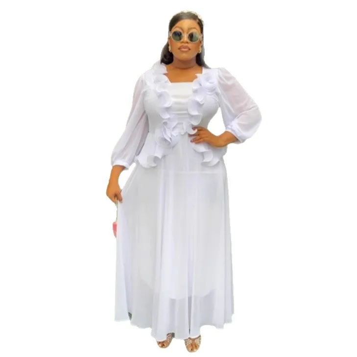Africa Women A Line Chiffon Dress Square Neck Puff Sleeves Ruffles Peplum Chic African Female Wedding Guest Evening Party Gowns