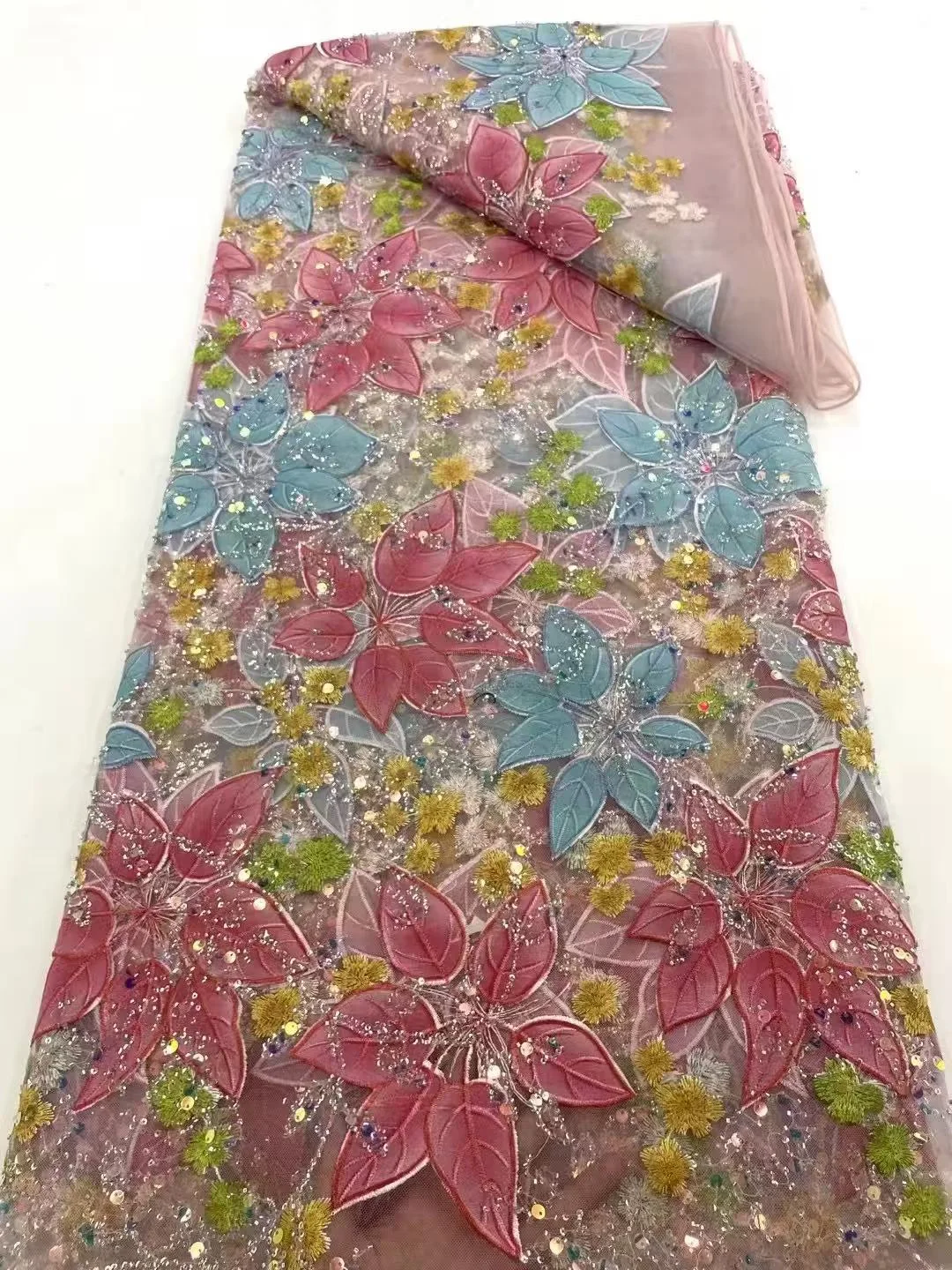 African French Beaded Multi COlor Lace Fabric 2026 High Quality Lace Pink Lace Fabric Nigerian Tulle Mesh Lace Fabrics Wedding