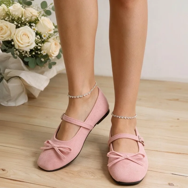2026 French Style Square Toe Buckle Strap Women's Flats and Loafers Fashion Bow Decor Shallow Comfort Women Shoe Балетки Женские