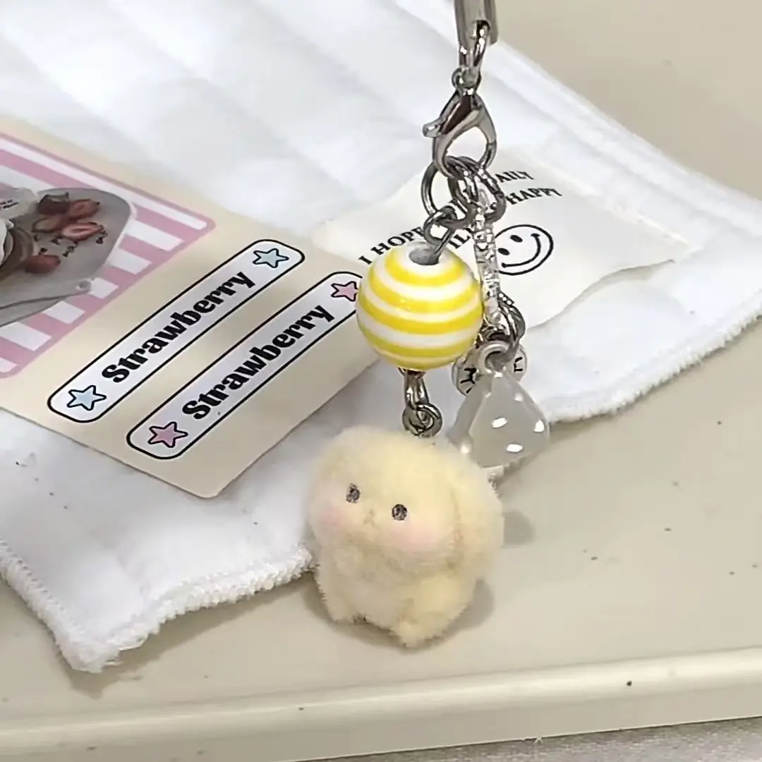 Handmade Cute Bunny Keychain Plush Fluffy Rabbit Phone Charm Strap Lanyard Keycord For Girl Gift